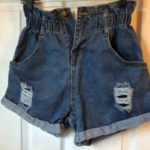 High rise dark denim shorts